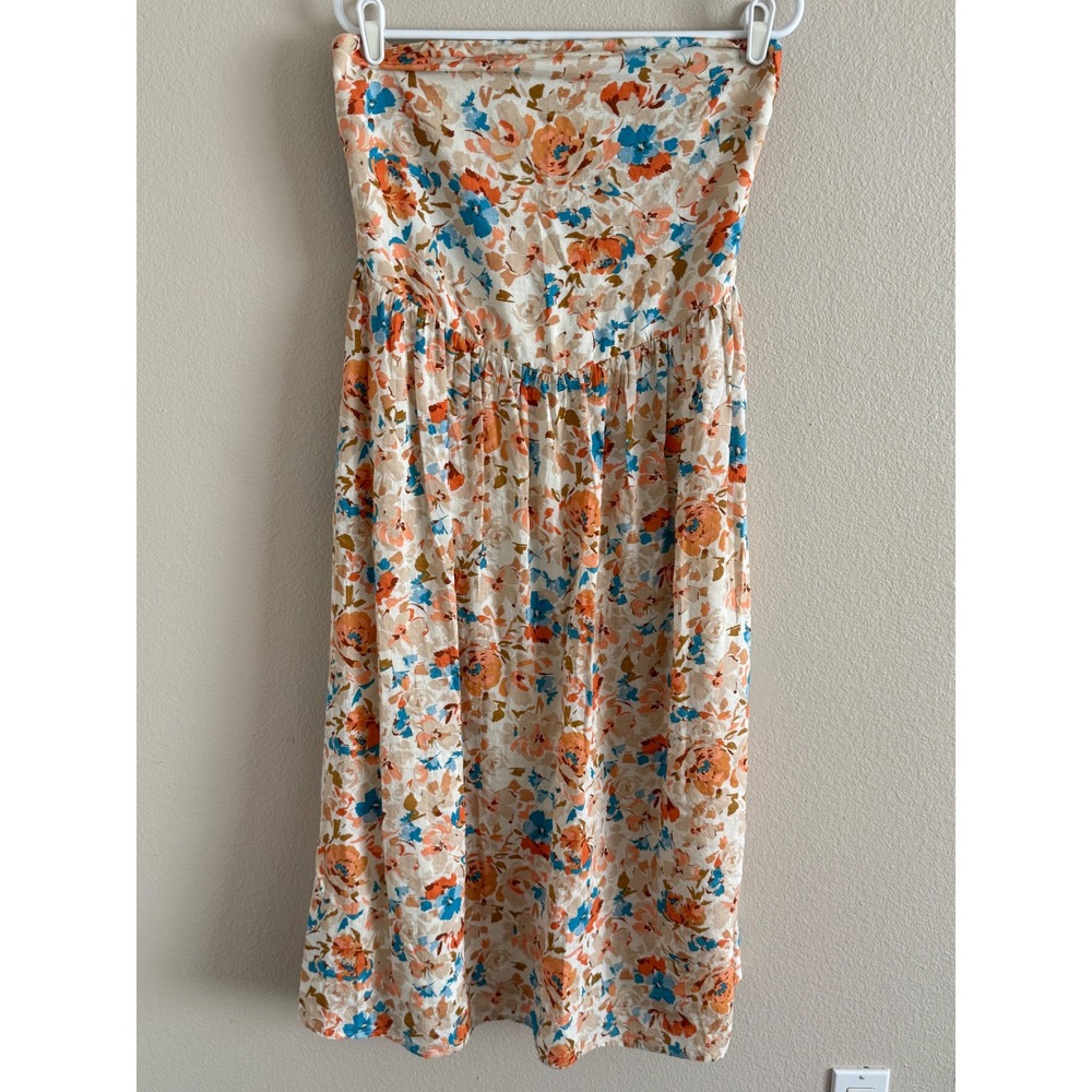 Sadie & Sage Floral Strapless Midi Dress Orange Blue Smocked Back Large AH1340DL